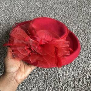 Deborah Fashions Church Derby Fascinator Hat Cap VTG Red Wool Netting Feathers